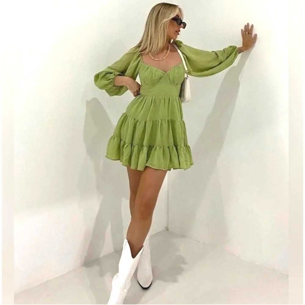 Princess Polly Cut Out Mini Dress 10 Lime Green Long Sleeve Fairy Y2K Nature